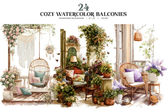 Download Cozy Watercolor Balcony PNG Collection - Premium Resources