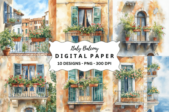 Download Watercolor Italy Balcony Background - Premium Bundle
